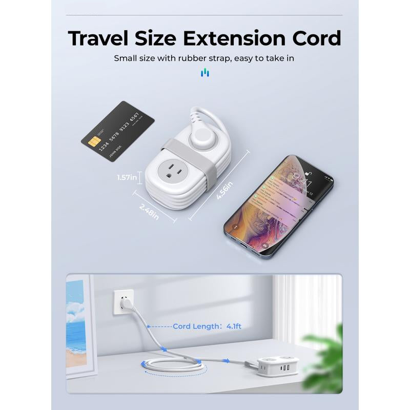 Travel size extension cord with smartphone and card for size comparison on a light gray background
