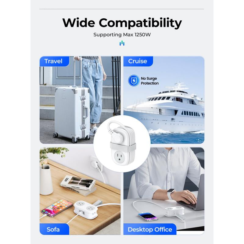 Product compatibility with travel, cruise, sofa, and office settings on a white background.