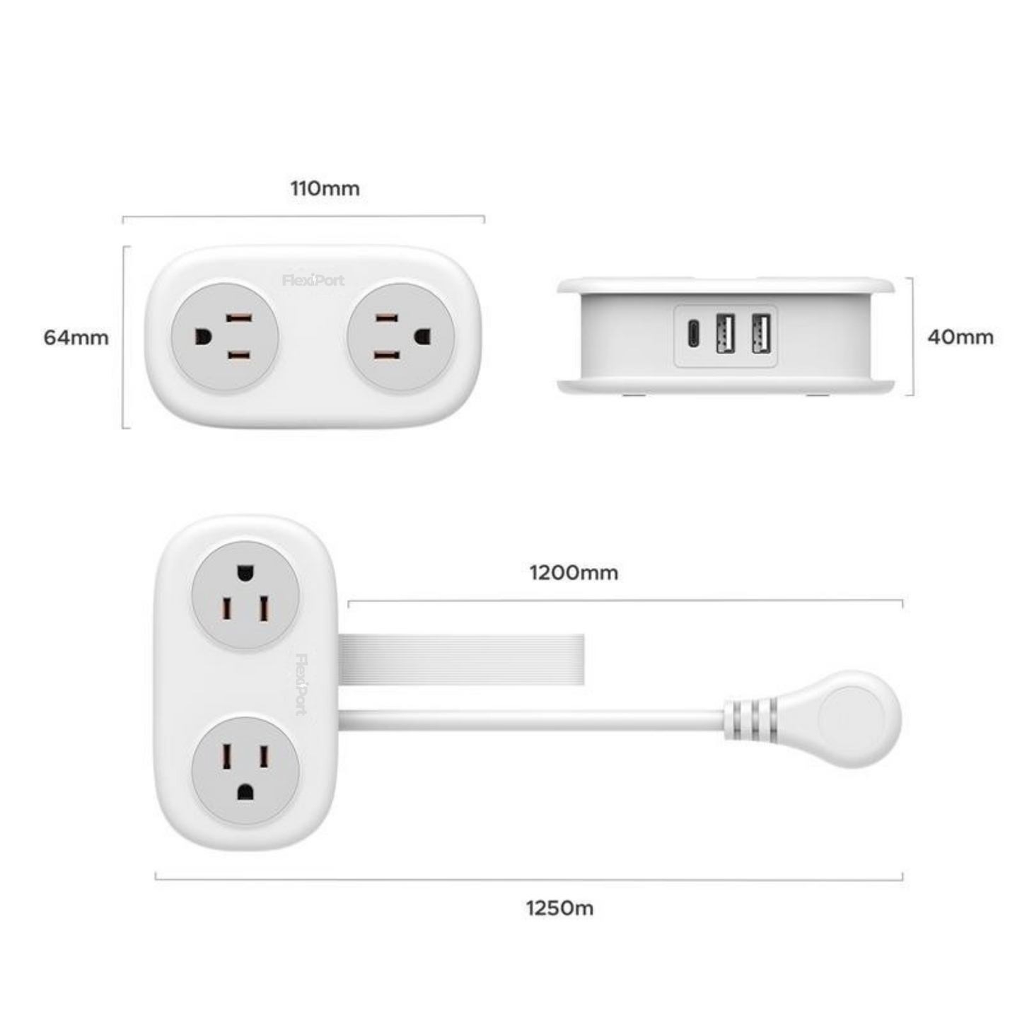 White electrical extension cord with multiple outlets and USB ports, showing dimensions on a white background.
